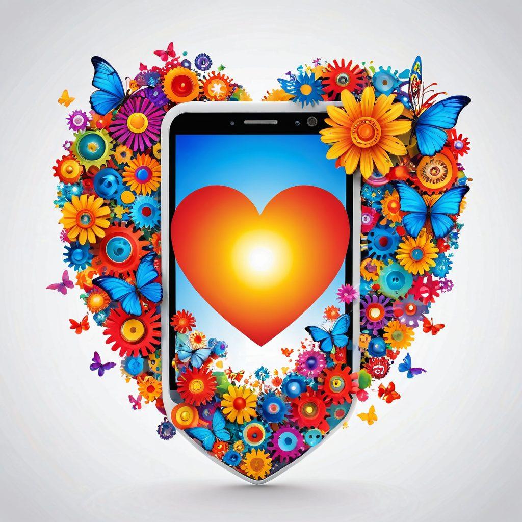 A heart-shaped mobile phone surrounded by vibrant, colorful gears symbolizing solutions, with a backdrop of a sunrise reflecting freedom and possibilities. Include elements like butterflies and flowers to enhance the theme of love and discovery. super-realistic. vibrant colors. white background.