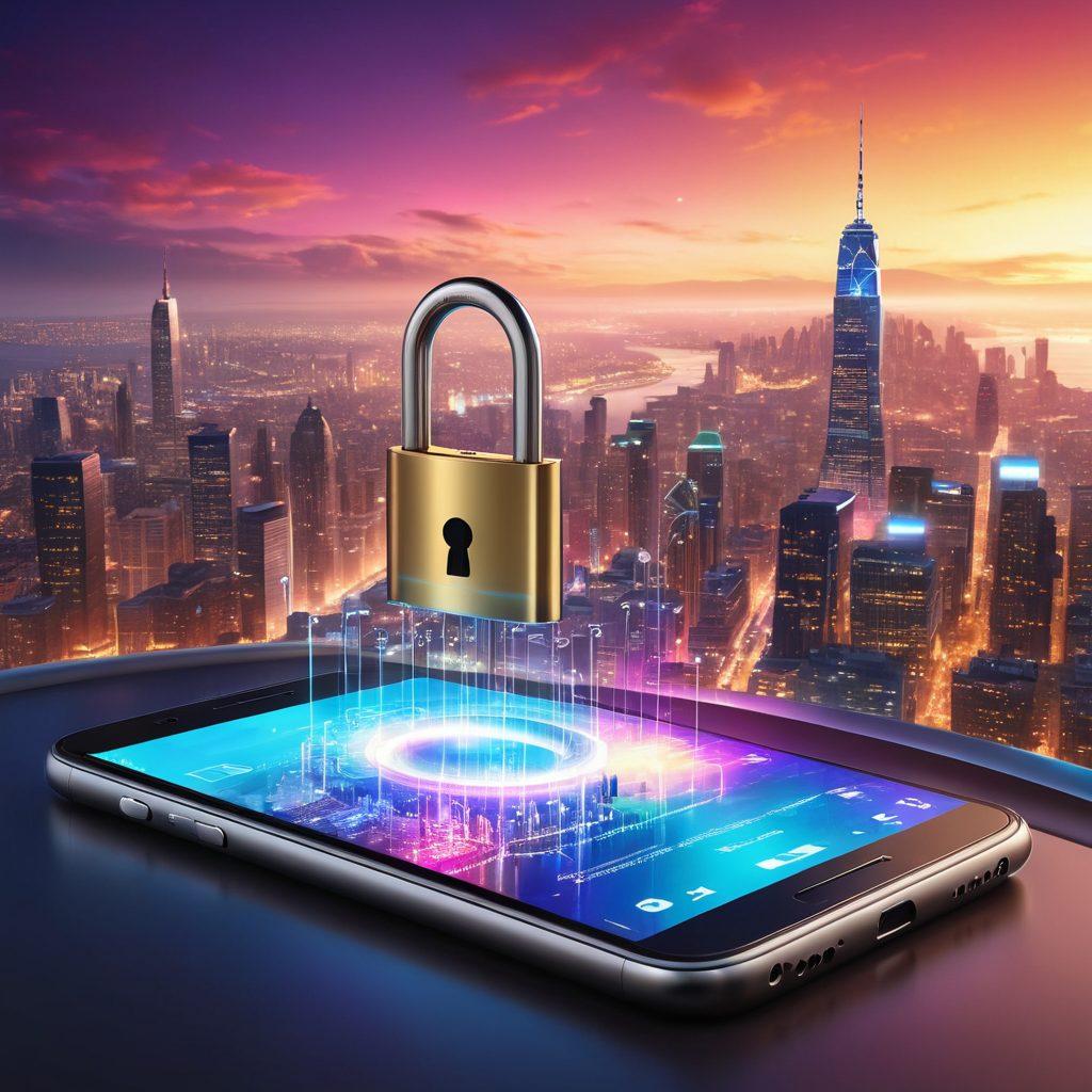 A visually striking smartphone unlocking process with an open padlock animation emerging from the phone screen, surrounded by colorful digital rays of light symbolizing freedom. In the background, diverse hands reaching out with unlocked devices, showcasing global accessibility. Add a sense of innovation with circuit patterns and a futuristic city skyline to represent technology. super-realistic. vibrant colors. 3D.
