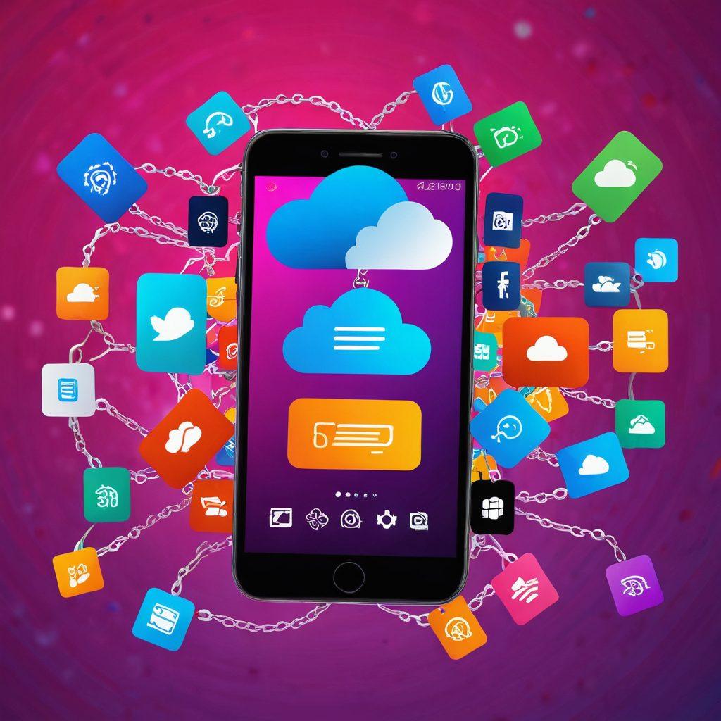 A sleek smartphone breaking free from a chain, symbolizing freedom and empowerment. Surround it with icons representing various top services like cloud storage, mobile payment, and connectivity. Use a vibrant color palette to evoke a sense of excitement and modernity. Incorporate a subtle digital backdrop to convey the tech-savvy theme. 3D. vibrant colors.